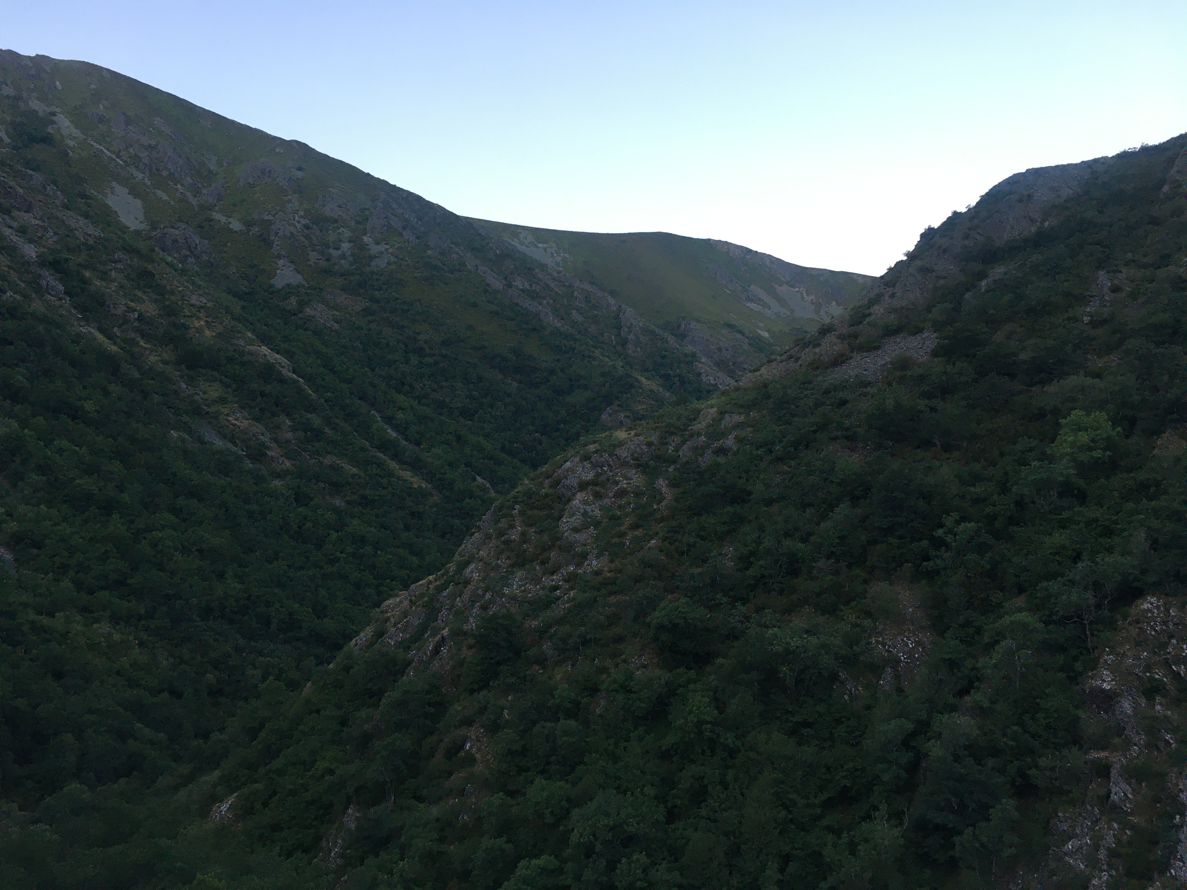 Curva de un valle muy cerrado. A la derecha, por delante, una ladera y por la izquierda la otra. Hacia abajo hay bastante vegetación, mientras que las cimas son más rocosas. Luz matutina.